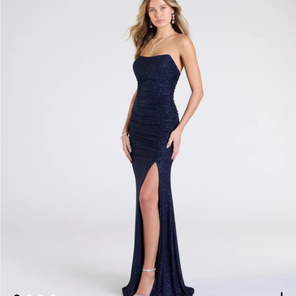 Windsor Navy Blue Everly Glitter Strapless Slit Gown